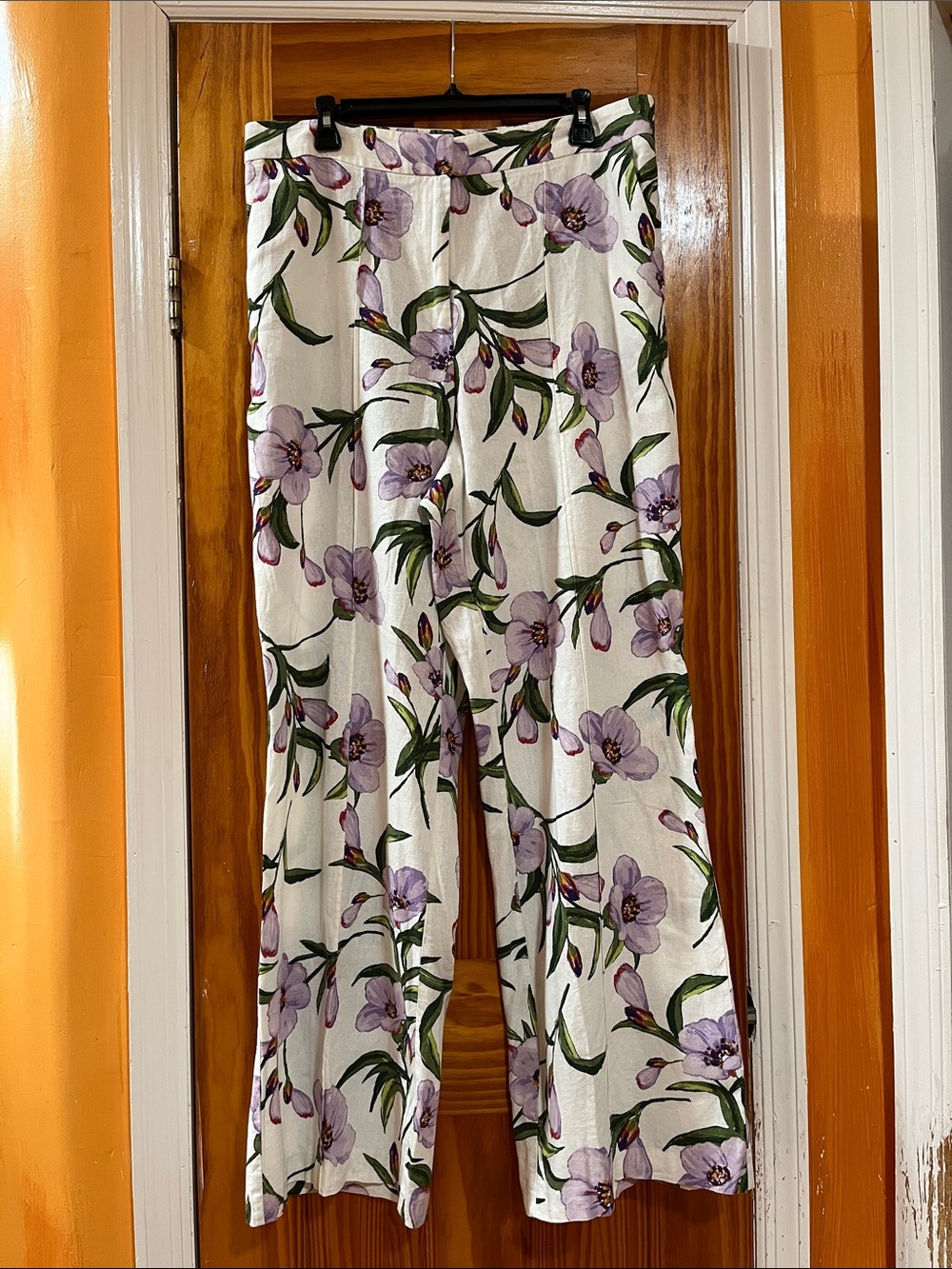 Gabriel Union White Floral Wide-Leg Lavender Blooms Pants 0 - Picture 3 of 16